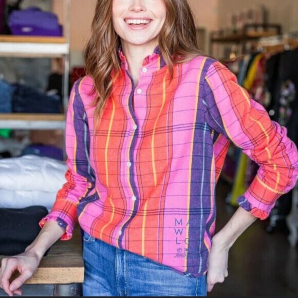 Kerri Rosenthal Mia Ruffle Shirt Cabin Pink Plaid Top Button Down Size M - Picture 3 of 16